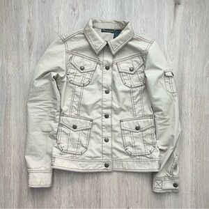 DKNY Blazer Jacket Women S Beige Cotton Long Sleeve Collared Casual Button Front